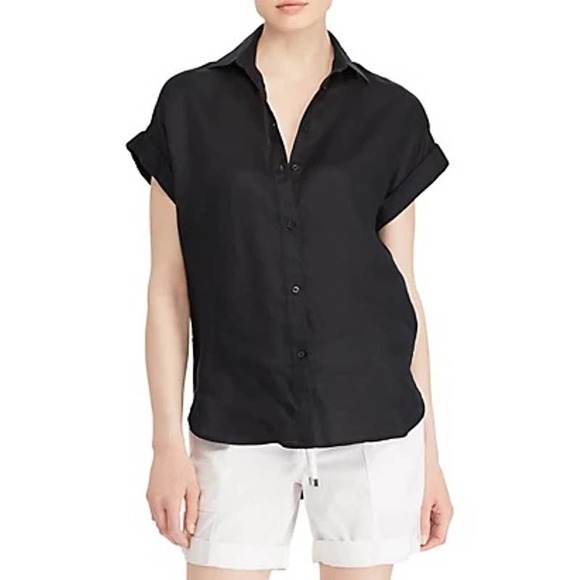 Lauren Ralph Lauren Linen Short Sleeve Button Up Shirt Black Plus Size 3X H13997 - Picture 9 of 9
